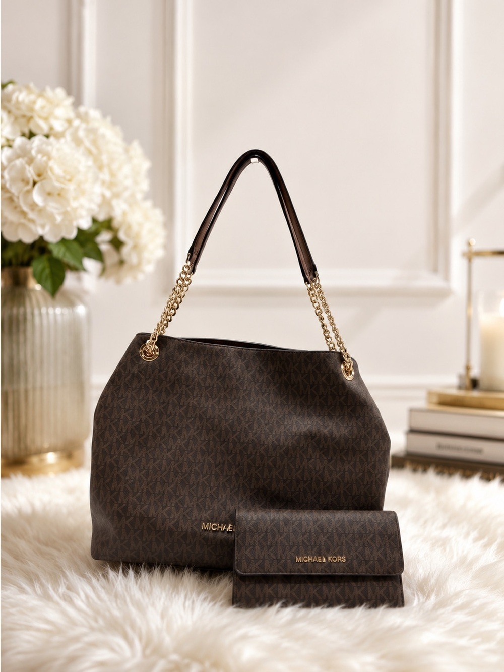 Michael Kors Jet Set Chain Shoulder Tote and Large Trifold Wallet Set - Brown